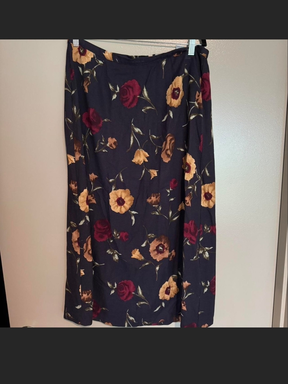 Vintage Sag Harbor Navy Midi Skirt with Burgundy and Mustard Floral Print